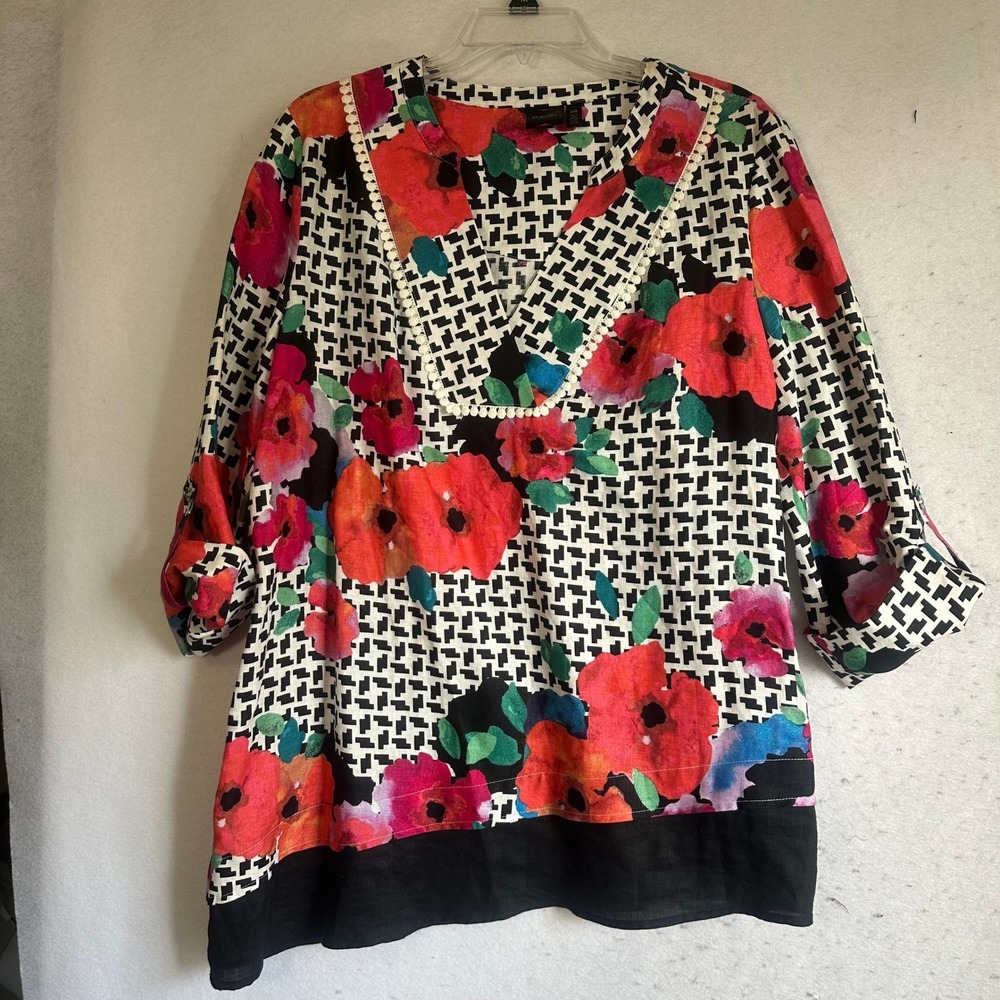 Rafaella 100% Linen Tunic Top Large Floral‎ Houndstooth Pom Trim Roll Tab V-Neck